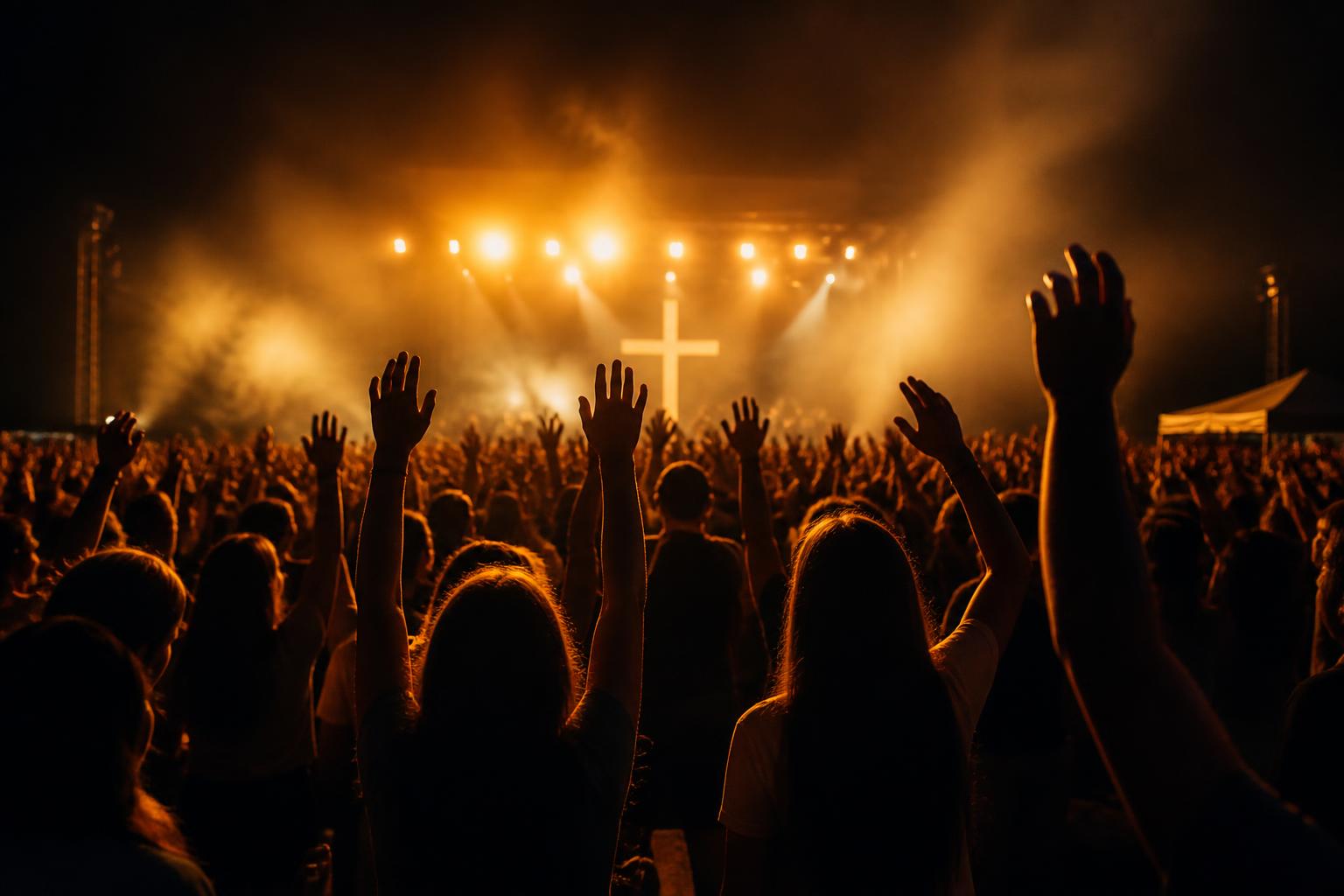 Students worshipping with hands raised at a night worship gathering
